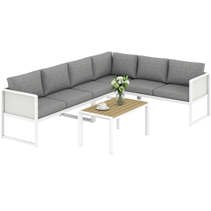 White metal corner sofa set with grey cushions and faux-wood slatted table