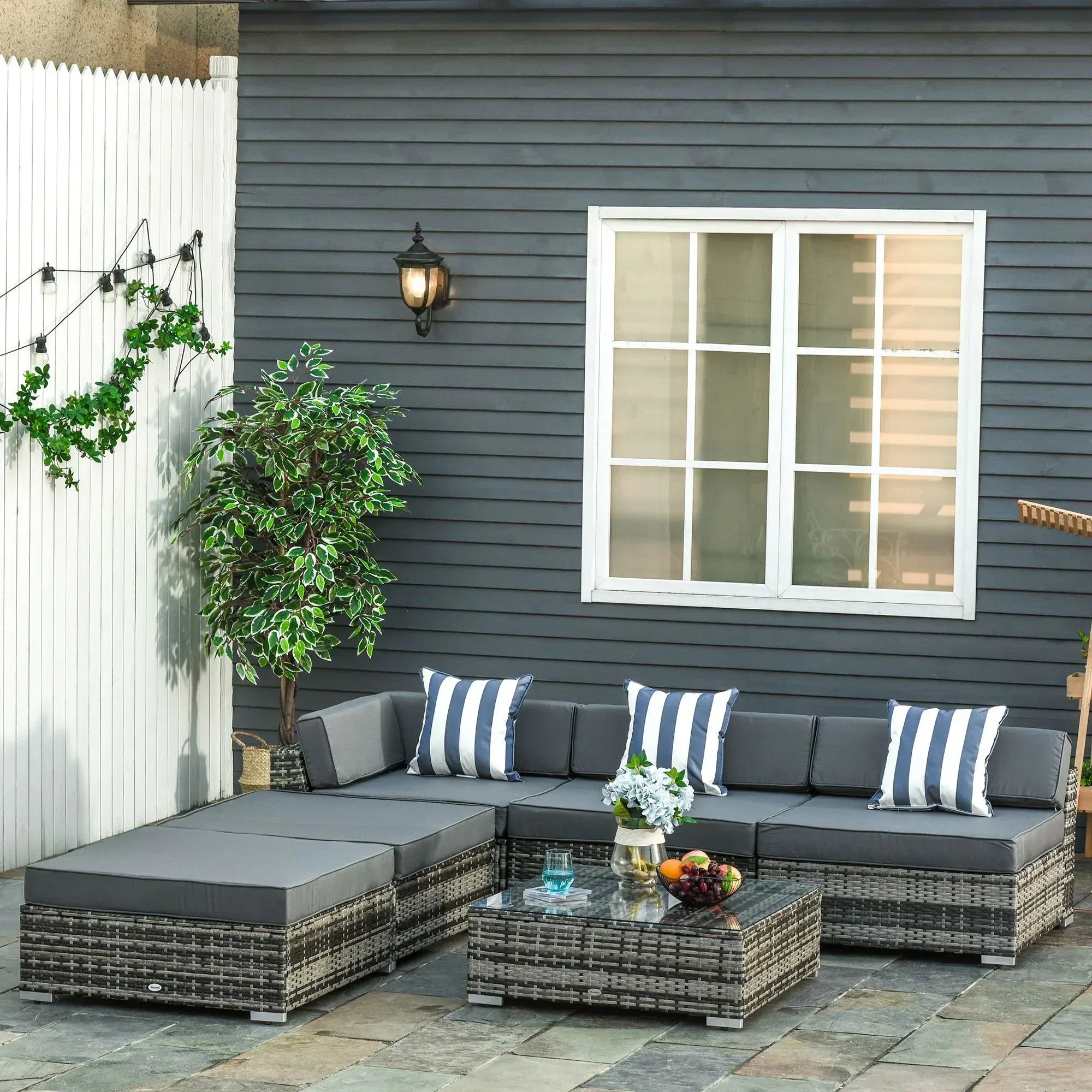 6 PC Rattan Sofa Coffee Table Set Sectional Wicker Weave Furniture for Garden Outdoor Conservatory w/ Pillow Cushion Grey - Bobobiy