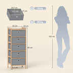 Narrow chest of drawers with five light grey fabric drawers, bamboo frame