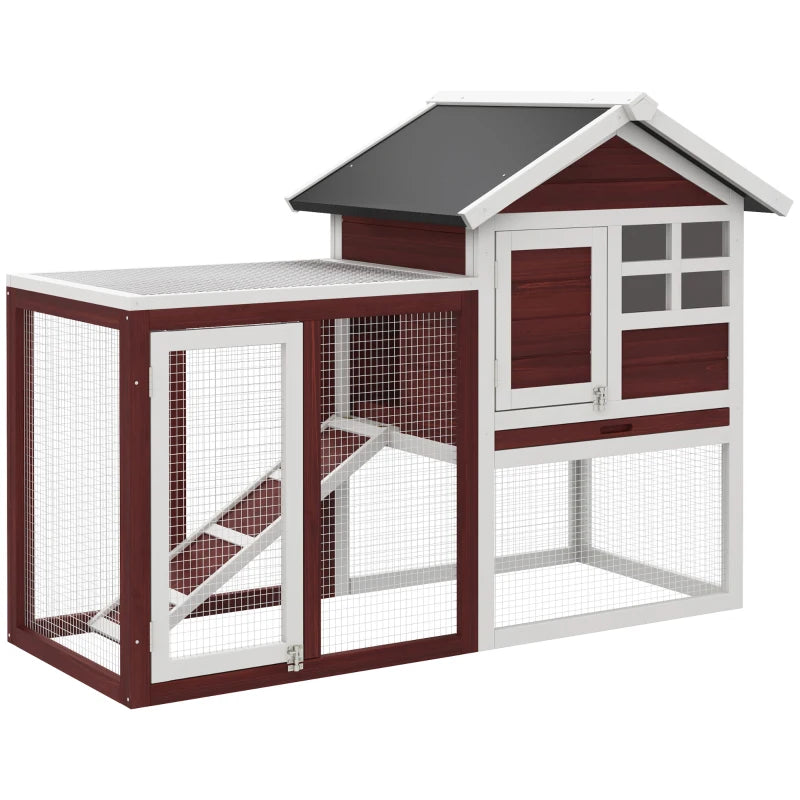 Rabbit hutch with outdoor run, black roof, maroon panels, white frame, mesh enclosure