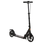 Black folding kick scooter with two large wheels and wide rubber handle grips