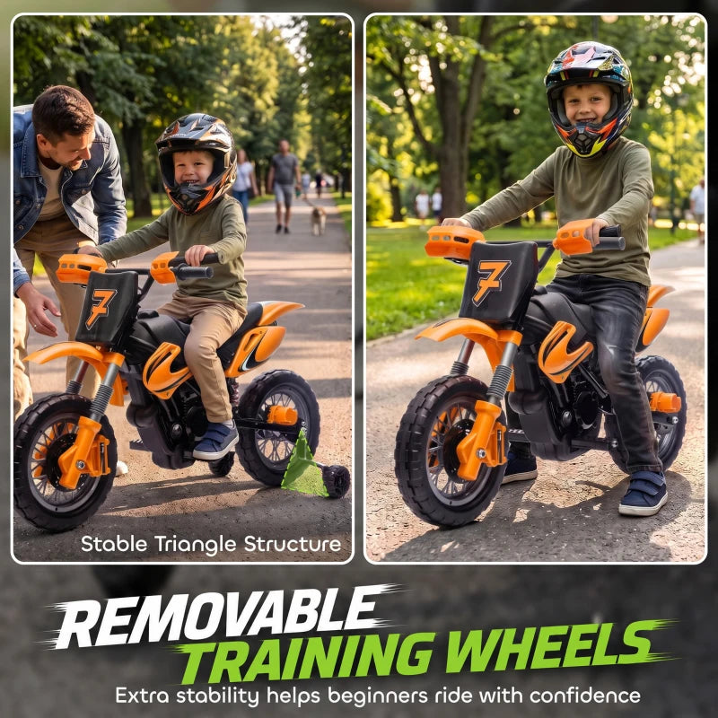Orange kids electric motorbike with removable training wheels and front fork