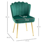 Green shell accent chair with scalloped back and padded seat; gold legs, size marked in cm
