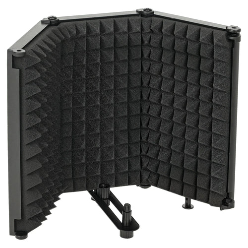 Foldable black microphone isolation shield with 3 panels and threaded mounting posts
