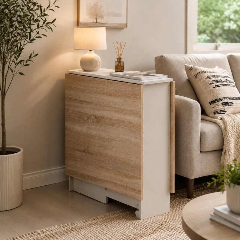 Compact white folding dining table with natural wood panel front and caster wheels