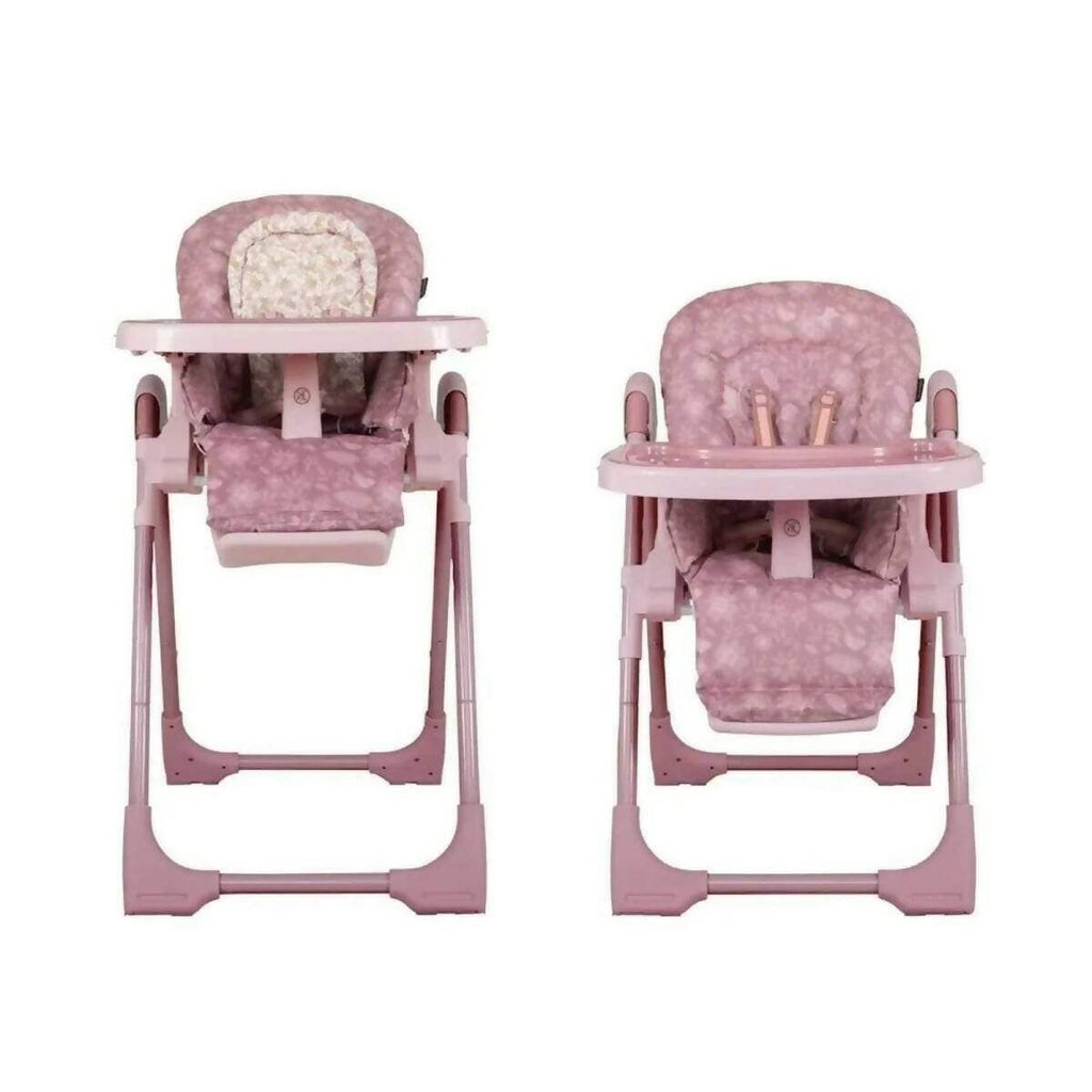 Pink patterned 0+ highchair shown from two front angles, padded tray and seat