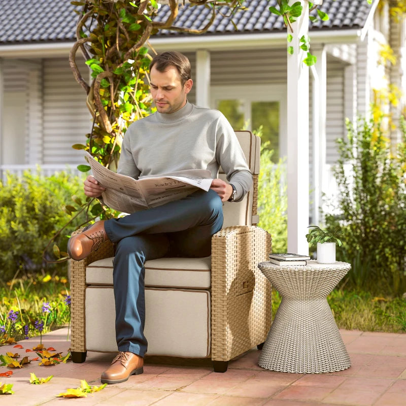 Khaki rattan reclining armchair with beige seat cushion and footrest