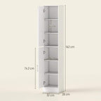 White tall bathroom cabinet with adjustable shelves, shown with size dimensions