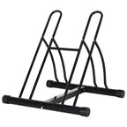 Black two-bike floor parking stand rack with parallel base rails and upright wheel arches