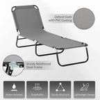 Grey Oxford-style fabric garden lounger with black steel frame and side carry handles.