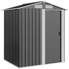 Grey metal storage shed with sliding door and sloped roof, shown from front angle