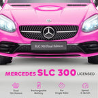 Pink kids ride-on car front grille with Mercedes emblem and LED headlight details