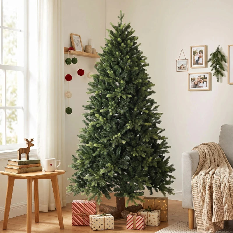 Green artificial Christmas tree standing upright with wooden base in living room