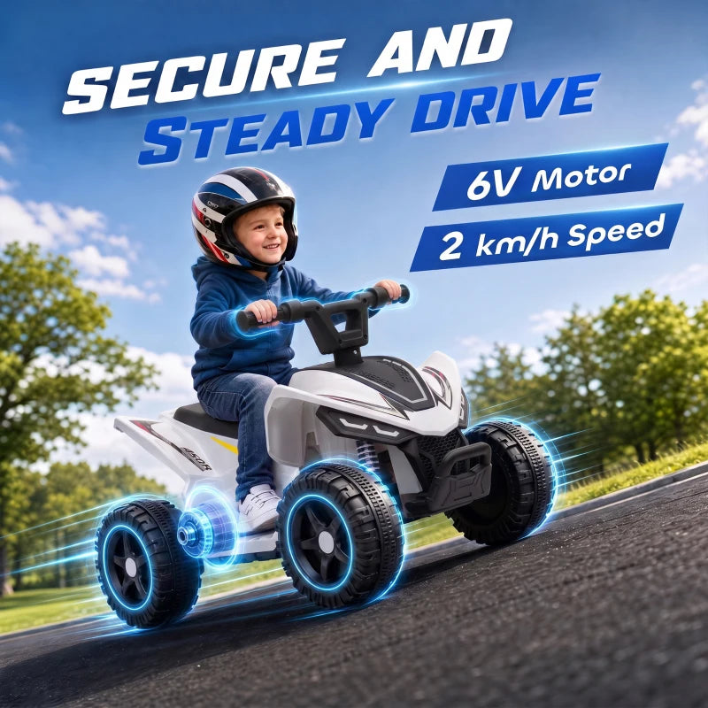 White kids quad bike with black handlebar, child riding with glowing wheel lights