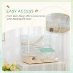 White wire hamster cage with front access opening, wooden ramp, and exercise wheel