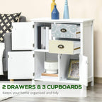 White sideboard cabinet with open storage shelves, patterned drawers and bronze knobs