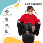 Black kids armchair with round footstool; toddler seated