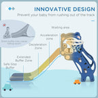 Blue bear-themed baby slide with basketball hoop and curved safe ramp