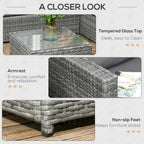 Grey rattan outdoor furniture close-up with tempered glass top and woven armrest