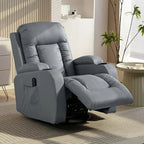 Grey massage recliner chair with curved headrest and extended footrest
