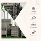 Gray resin wicker storage table and chair in a weather-ready outdoor set with woven texture
