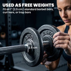 Grey 2.5 kg barbell plates on a standard bar, textured round discs