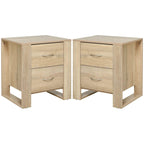 Set of 2 wood bedside tables with two drawers, curved metal handles, and raised base