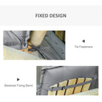 Dark grey chair cushion with tie fasteners and backrest fixing band, close-up
