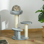 Grey cat tree with three plush perches, sisal posts, and hanging rope