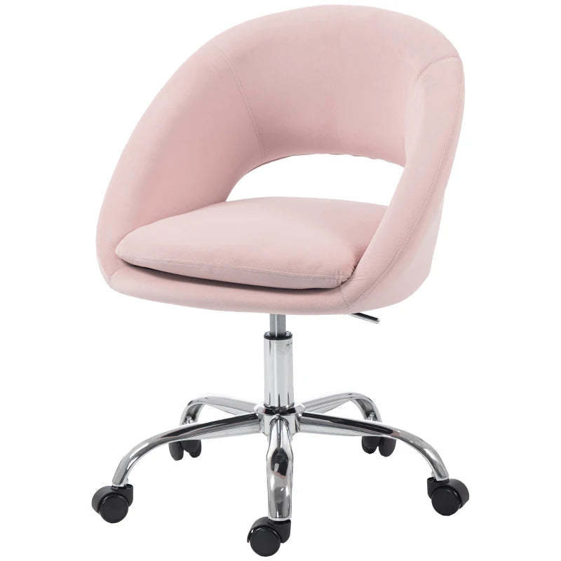 Pink velvet desk chair with rounded back, cushioned seat, and swivel caster base