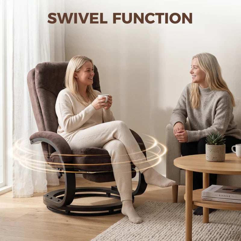 Dark brown velvet swivel recliner chair with padded side arms and retracting footrest