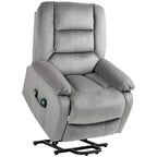 Grey velvet-look electric lift-and-recline massage armchair with padded headrest
