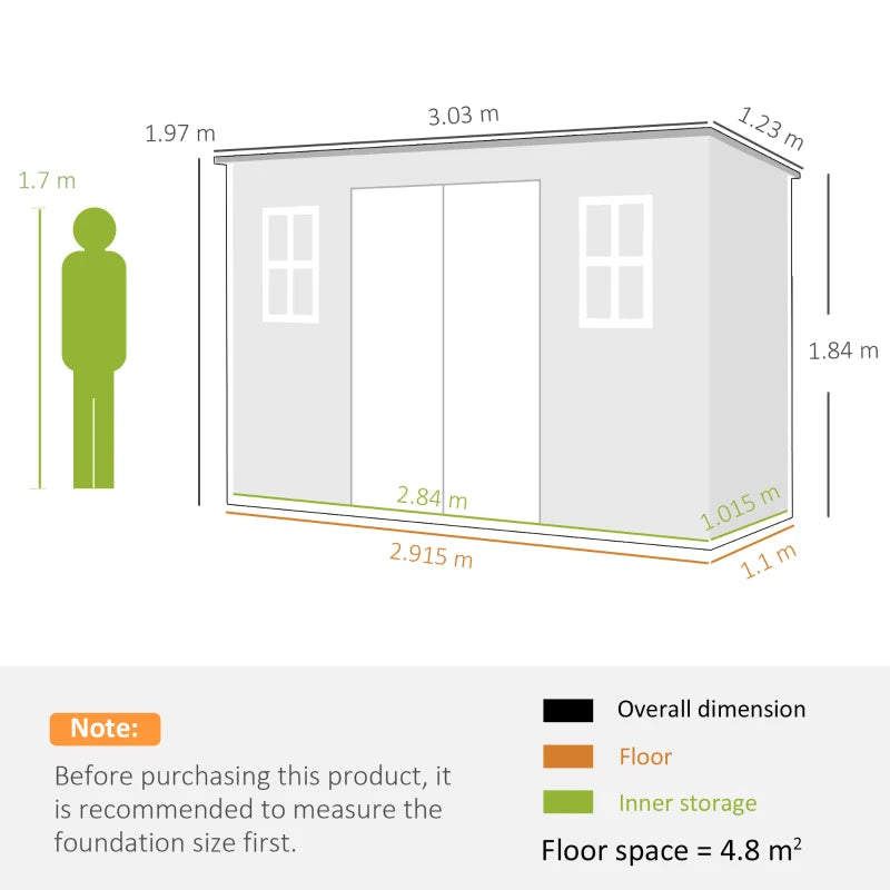 Resin garden shed size diagram with labeled overall dimensions and floor area