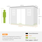 Resin garden shed size diagram with labeled overall dimensions and floor area
