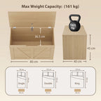 Natural wood storage chest with open lid and front panel, hinged lid and safety mounts