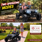 Black two-seater ride-on UTV with headlights, kids seated, outdoor ride