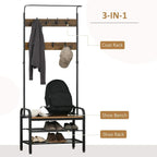 Coat rack and shoe bench with hanging hooks, wood panels, and three lower compartments