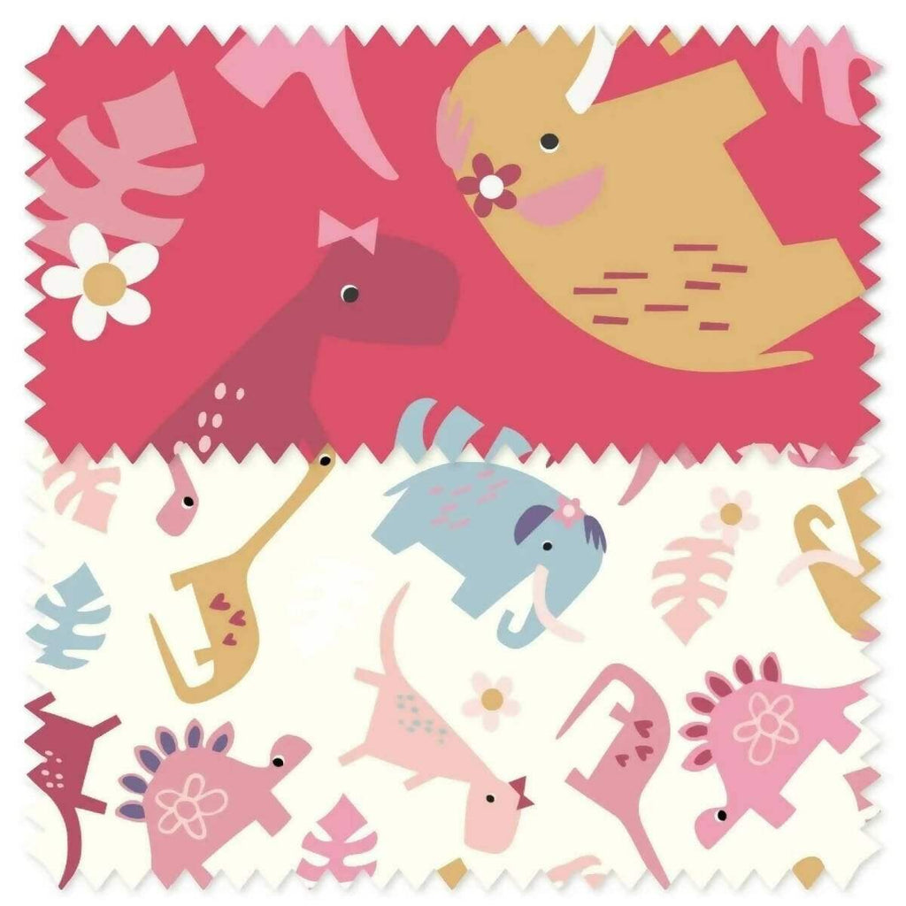 Red and cream dinosaur animal print fabric pattern with small flowers and stars