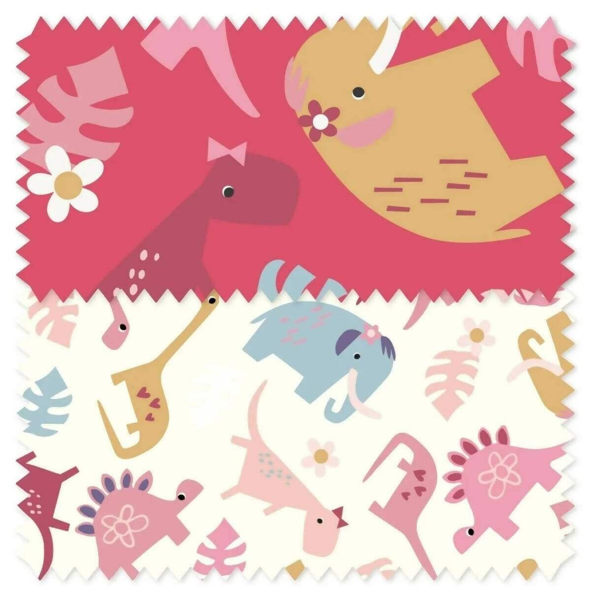 Red and cream dinosaur animal print fabric pattern with small flowers and stars