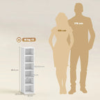 White CD media shelf tower with multiple cubbies and size profile