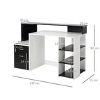 Black and white desk with printer stand, side drawer, and open shelving