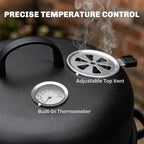 Built-in thermometer and adjustable top vent on dark vertical charcoal smoker