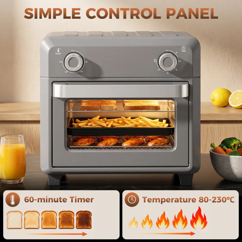 Grey air fryer oven front view with control knobs and window showing cooking food