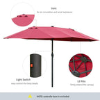 Wine red patio umbrella with vented canopy, light switch, and 12 ribs