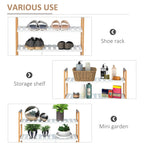 Four-tier rack with natural wood frame and white slatted shelves filled with shoes and decor