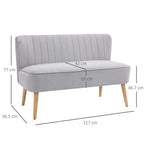 Light grey velvet two-seat sofa with channel back, cushioned seat, wooden legs