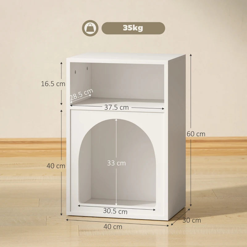 White bedside table, side view, with top open shelf and arched lower compartment