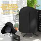 Black egg chair furniture cover with arched top and zip front, bottom ties visible