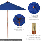 Blue garden parasol with top vent, eight ribs, and detachable wooden pole
