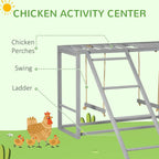 Grey chicken play center with ladder, swing, and perch bars, feature diagram view